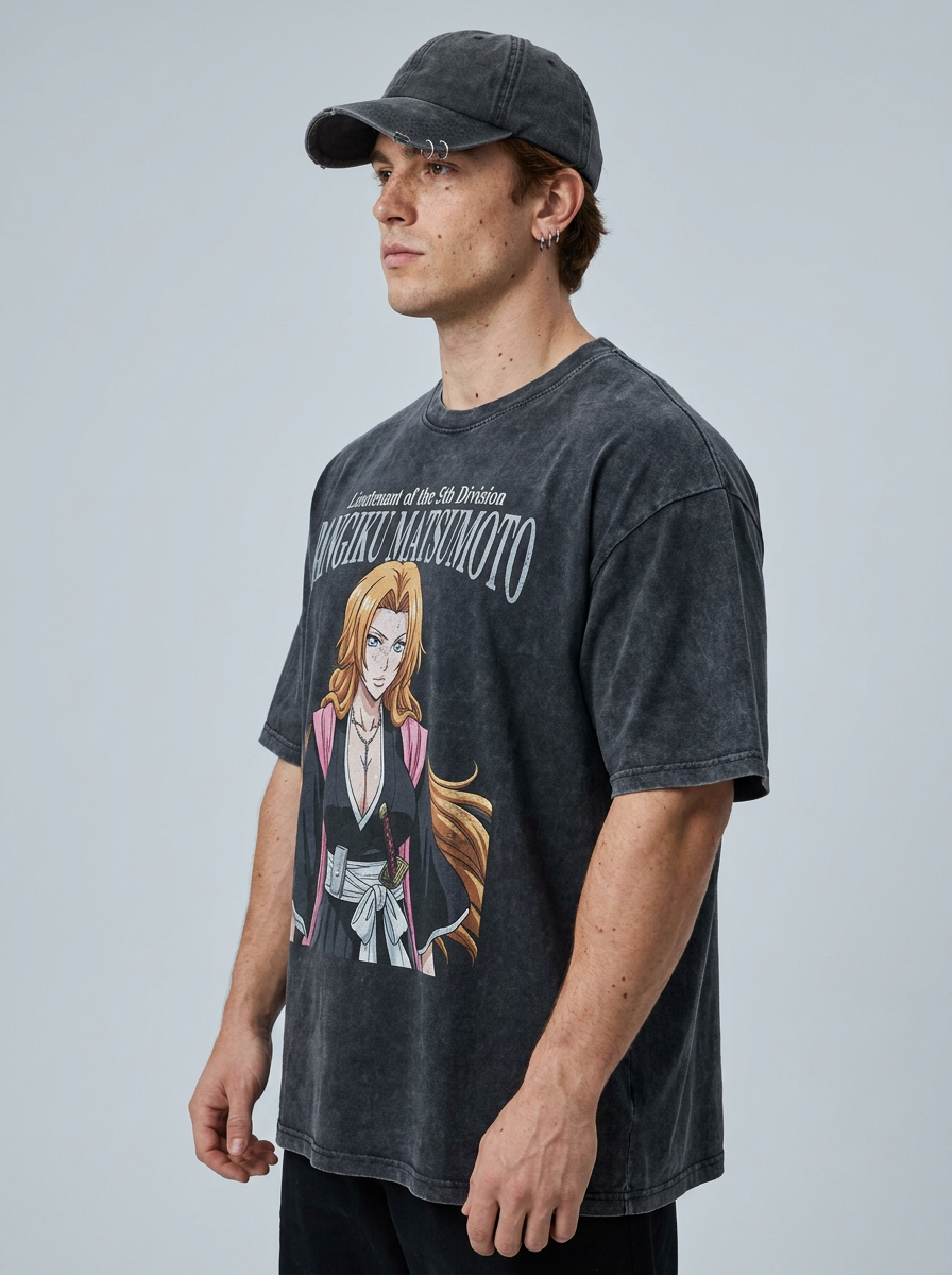 T-Shirt 3 model lateral 3/4 — oversized washed cotton t-shirt | Tempus Arc premium anime streetwear