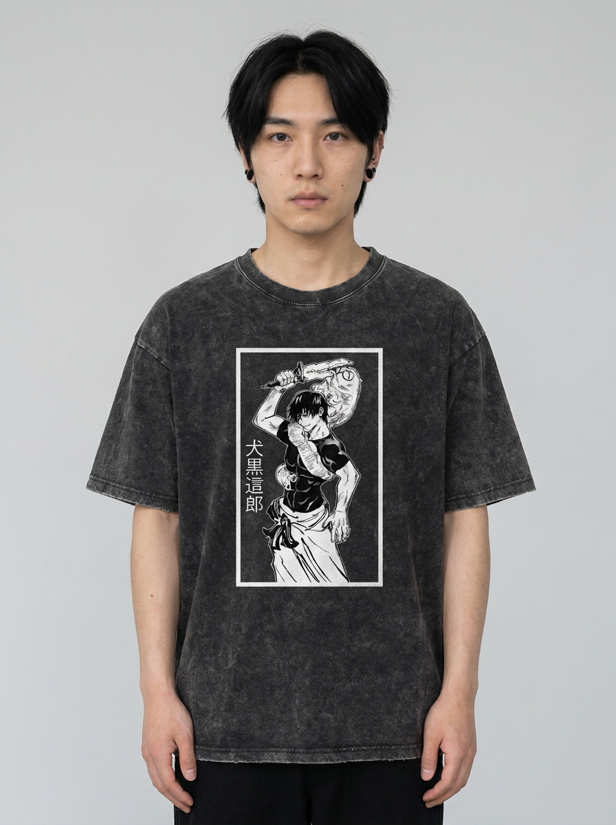 T-Shirt 3 model frontal central — washed black t-shirt | Tempus Arc premium anime streetwear