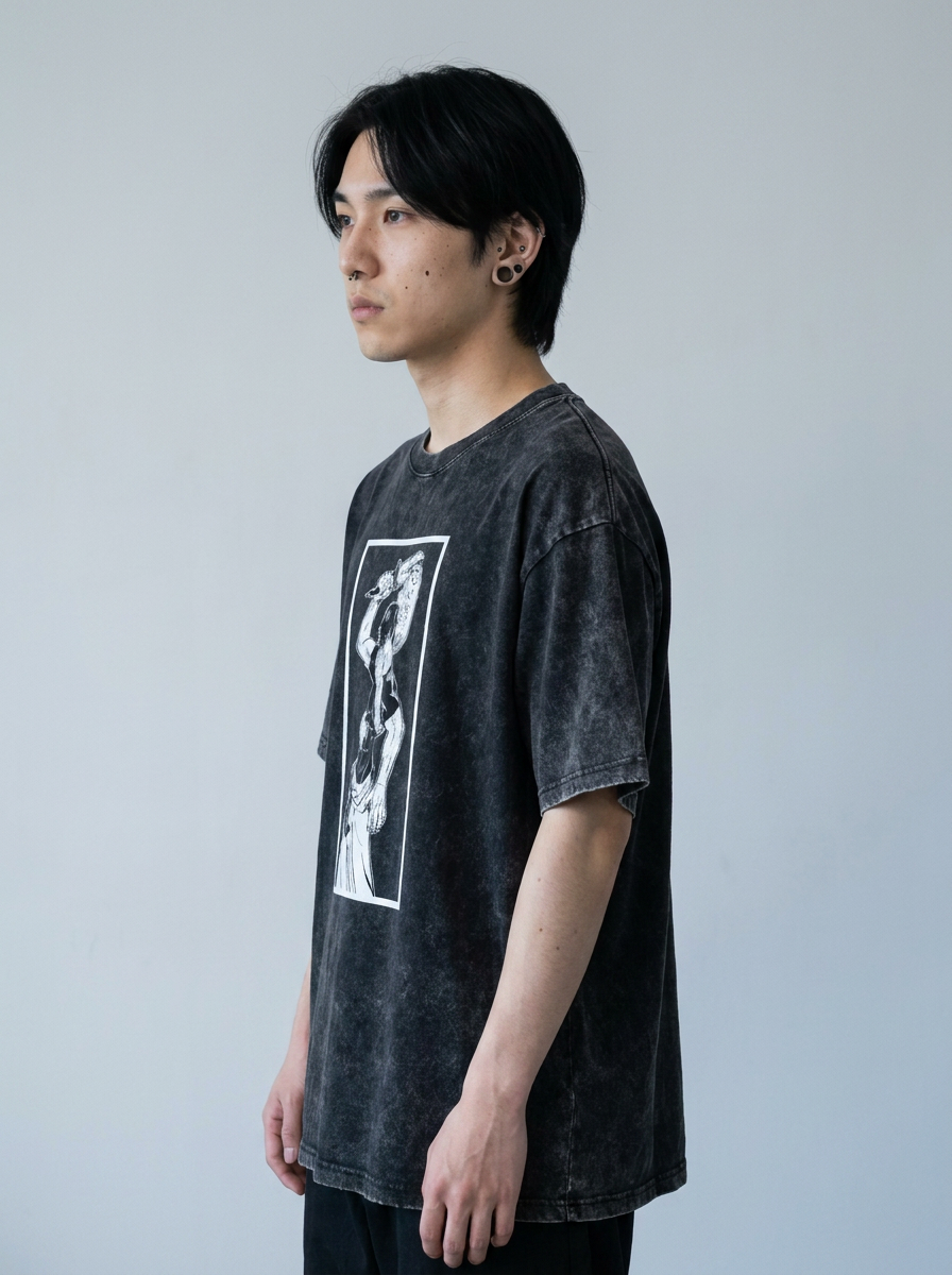 T-Shirt 3 model lateral 3/4 — oversized washed cotton t-shirt | Tempus Arc premium anime streetwear