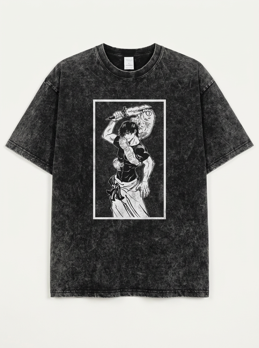 T-Shirt 3 flat lay front view — washed black oversized t-shirt | Tempus Arc premium anime streetwear