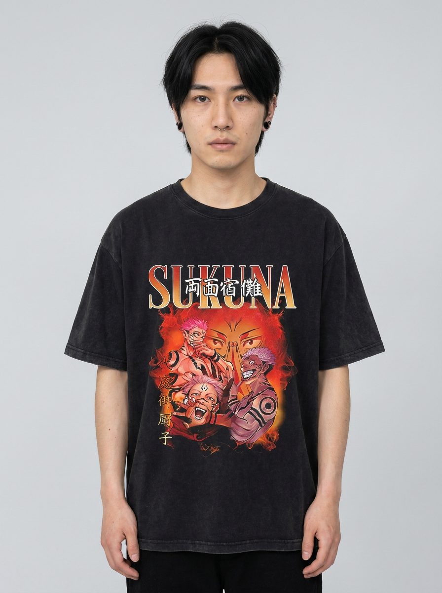 T-Shirt 3 model frontal central — washed black t-shirt | Tempus Arc premium anime streetwear