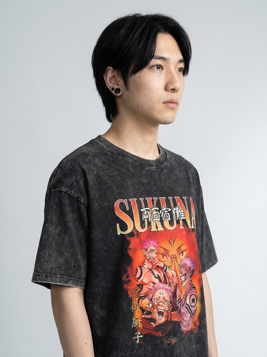 T-Shirt 3 model lateral 3/4 — oversized washed cotton t-shirt | Tempus Arc premium anime streetwear