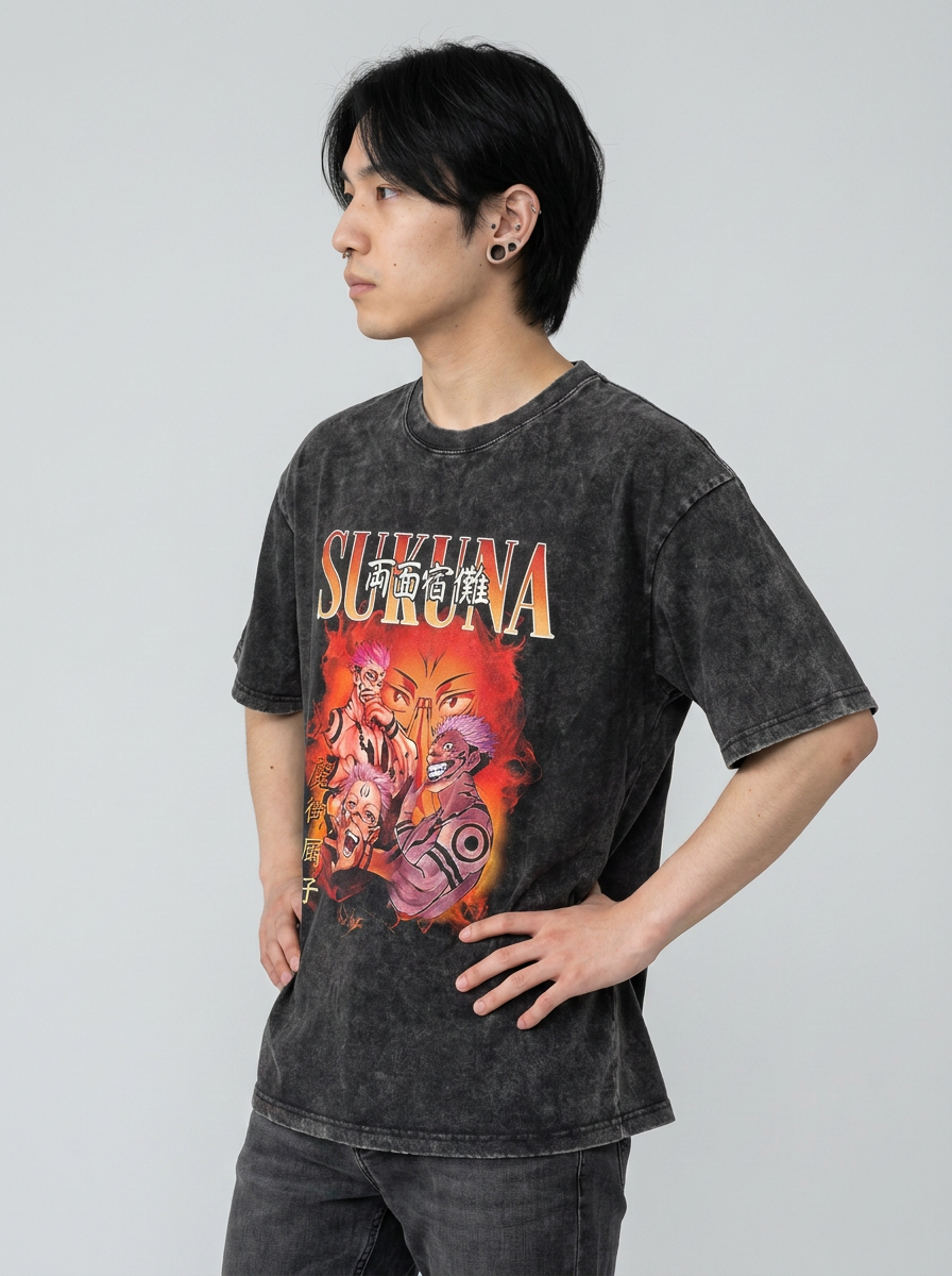 T-Shirt 3 model side profile athletic — washed cotton t-shirt | Tempus Arc premium anime streetwear