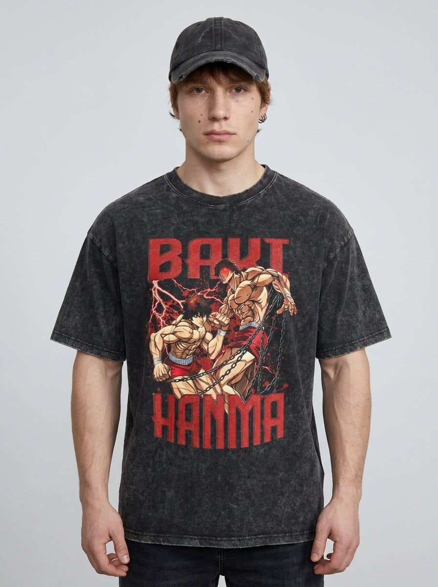 T-Shirt 3 model frontal central — washed black t-shirt | Tempus Arc premium anime streetwear