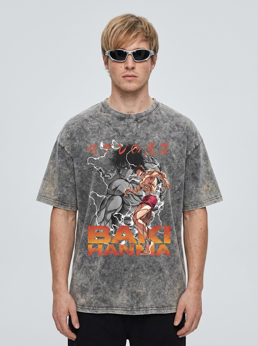 T-Shirt 3 model frontal central — washed black t-shirt | Tempus Arc premium anime streetwear