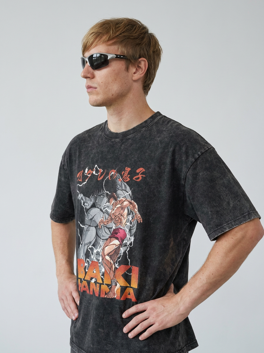 T-Shirt 3 model side profile athletic — washed cotton t-shirt | Tempus Arc premium anime streetwear