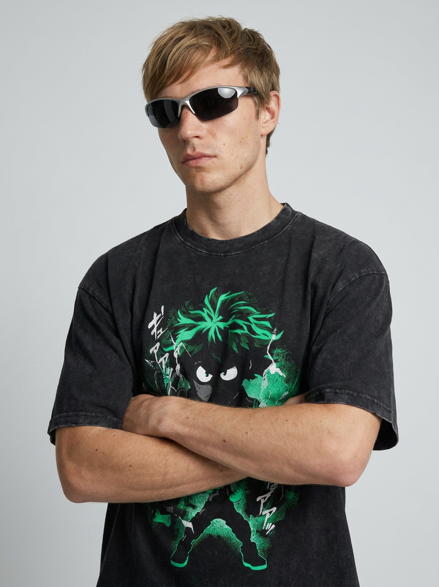 T-Shirt 3 on model arms crossed — washed black t-shirt | Tempus Arc premium anime streetwear