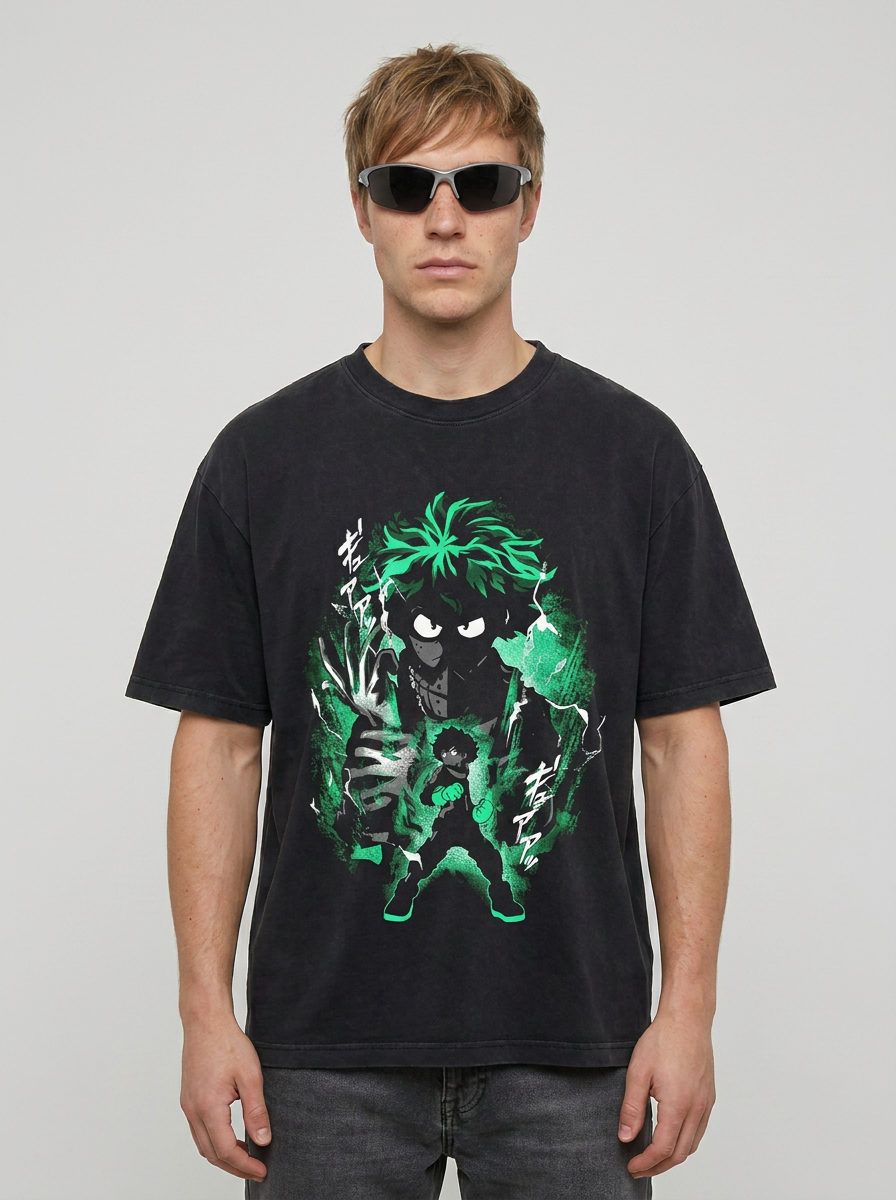 T-Shirt 3 model frontal central — washed black t-shirt | Tempus Arc premium anime streetwear