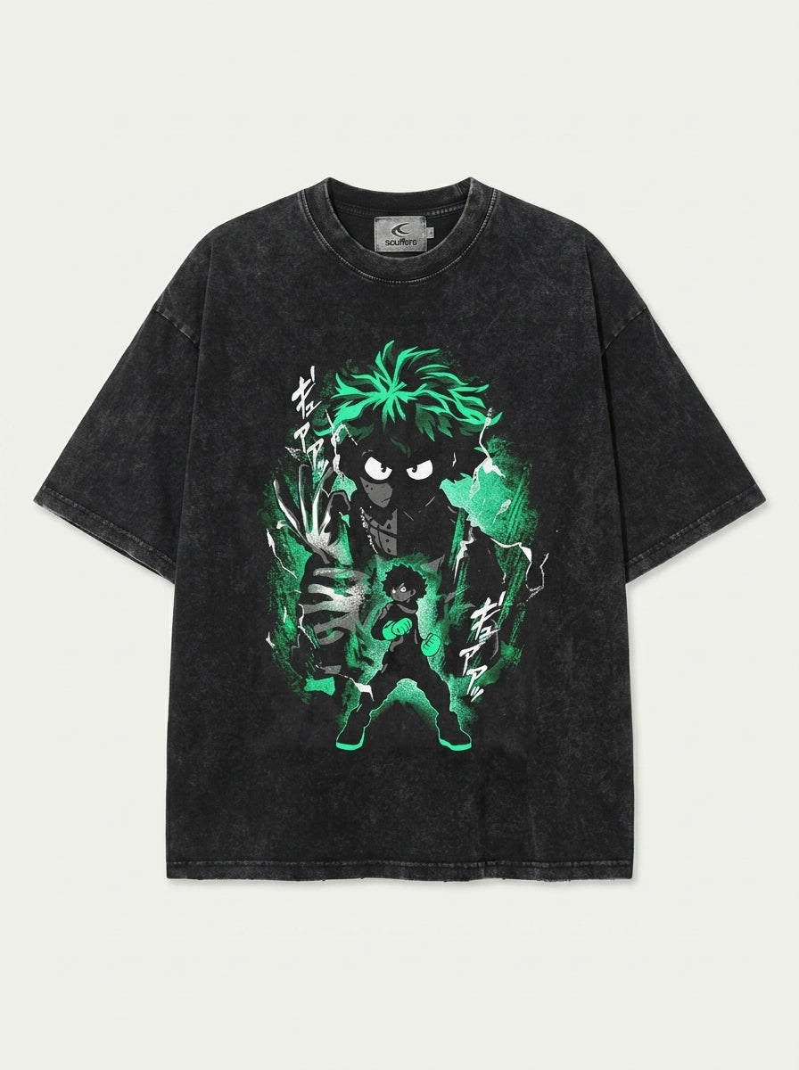 T-Shirt 3 flat lay front view — washed black oversized t-shirt | Tempus Arc premium anime streetwear