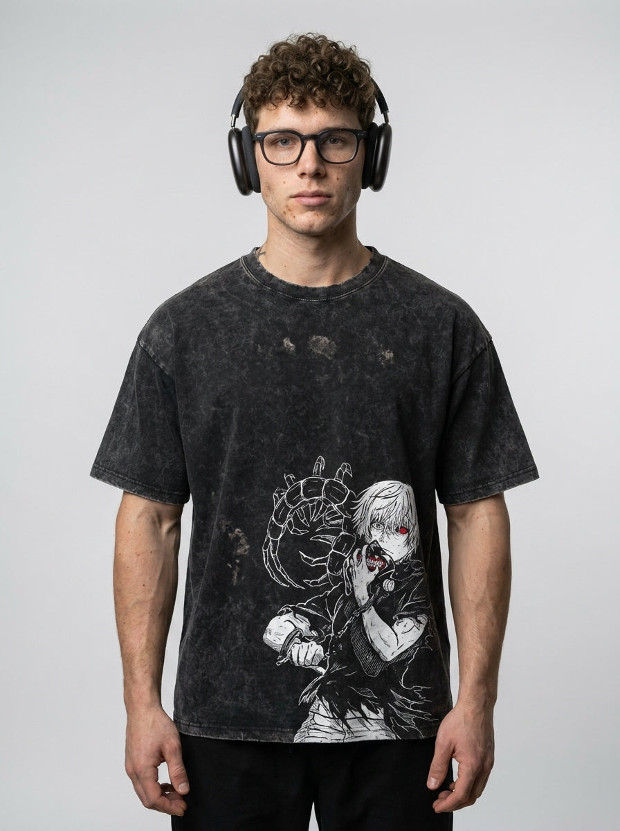 T-Shirt 4 model frontal central — washed black t-shirt | Tempus Arc premium anime streetwear