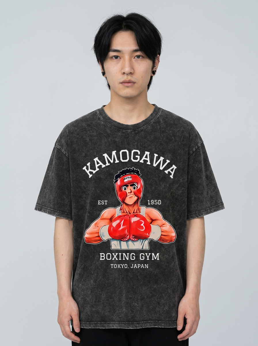 T-Shirt 4 model frontal central — washed black t-shirt | Tempus Arc premium anime streetwear