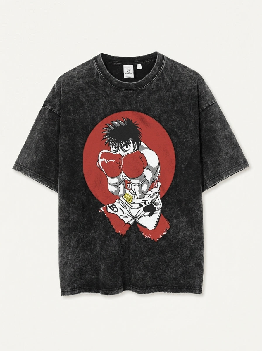 T-Shirt 4 flat lay front view — washed black oversized t-shirt | Tempus Arc premium anime streetwear