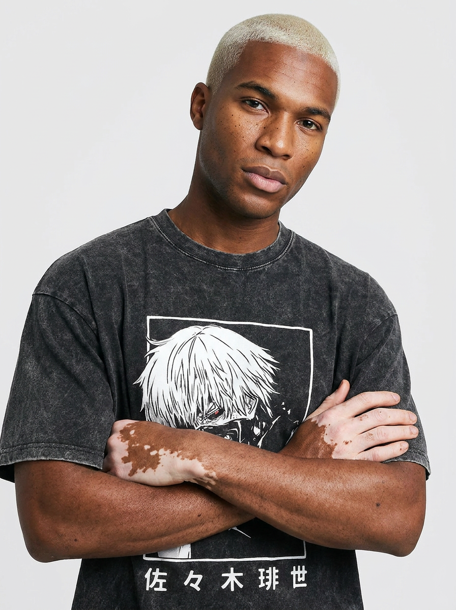 T-Shirt 4 on model arms crossed — washed black t-shirt | Tempus Arc premium anime streetwear