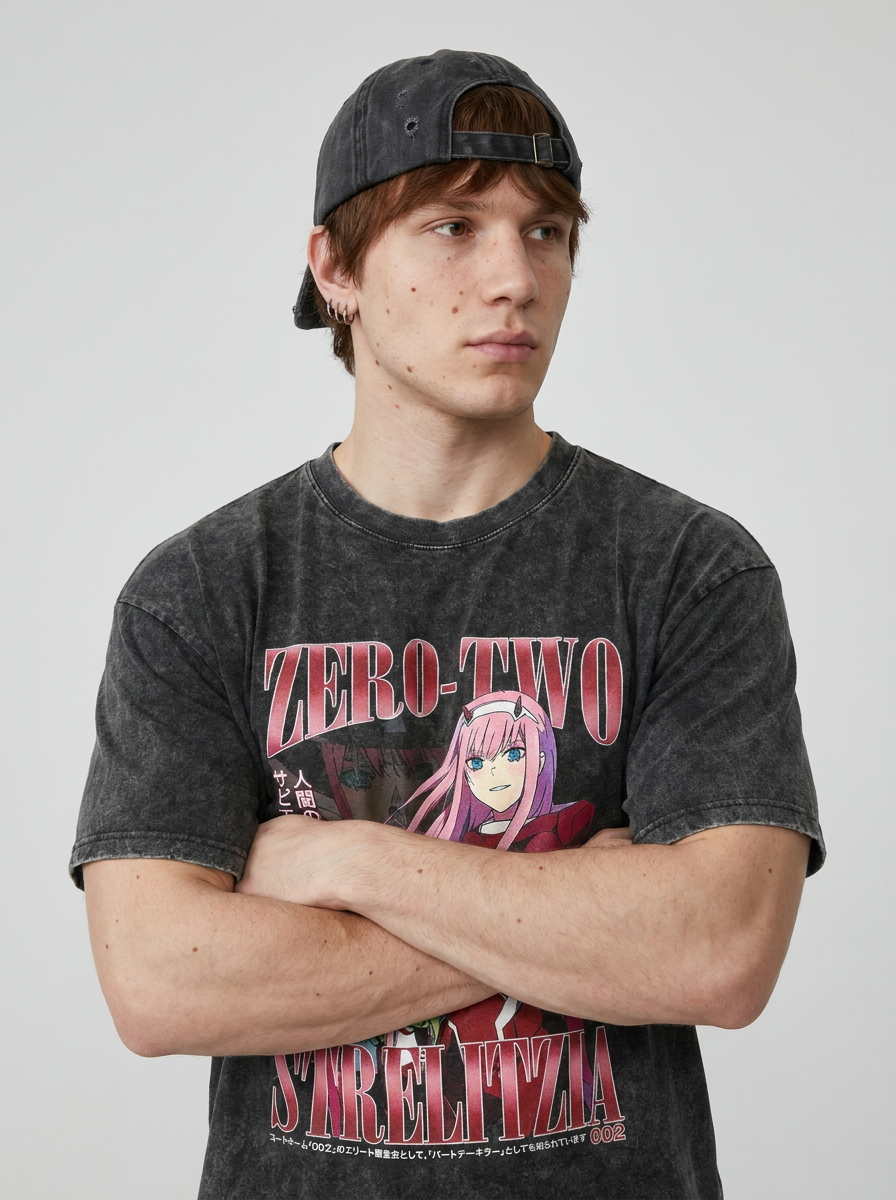 T-Shirt 4 on model arms crossed — washed black t-shirt | Tempus Arc premium anime streetwear