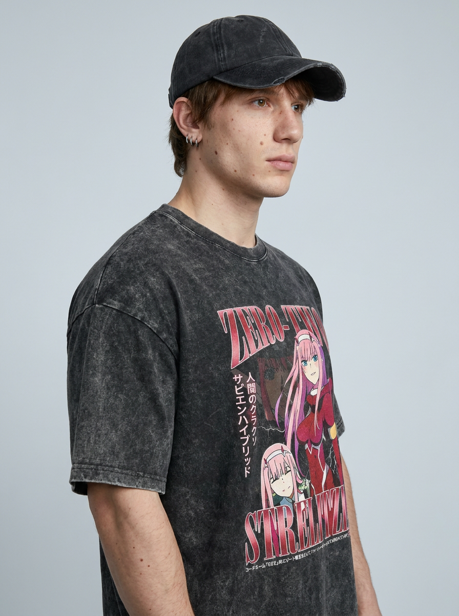 T-Shirt 4 model lateral 3/4 — oversized washed cotton t-shirt | Tempus Arc premium anime streetwear