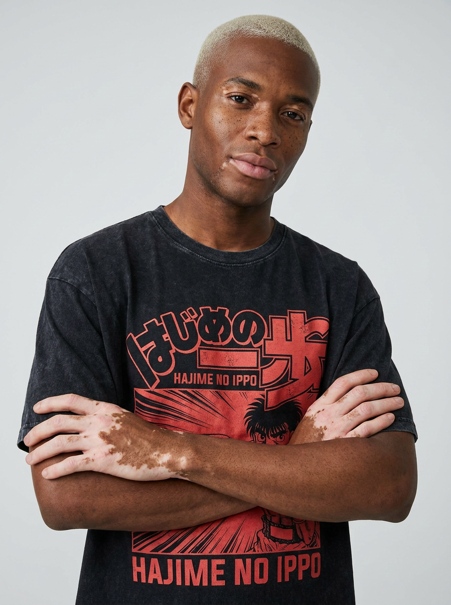 T-Shirt 4 on model arms crossed — washed black t-shirt | Tempus Arc premium anime streetwear