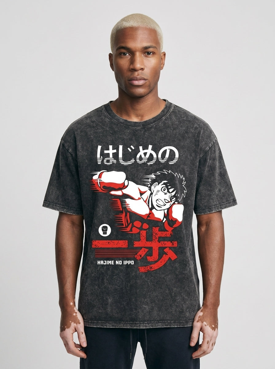 T-Shirt 4 model frontal central — washed black t-shirt | Tempus Arc premium anime streetwear