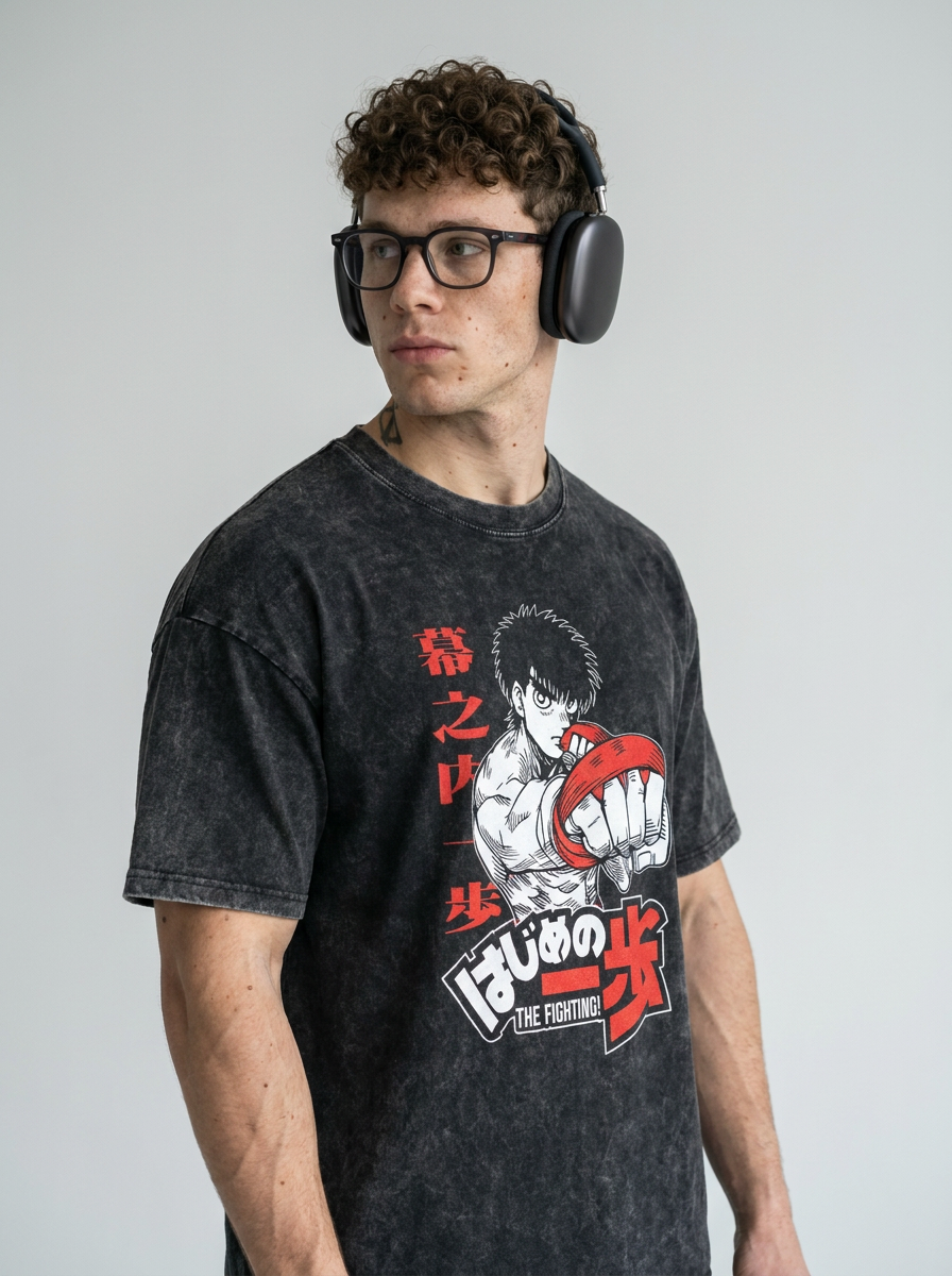 T-Shirt 4 model lateral 3/4 — oversized washed cotton t-shirt | Tempus Arc premium anime streetwear