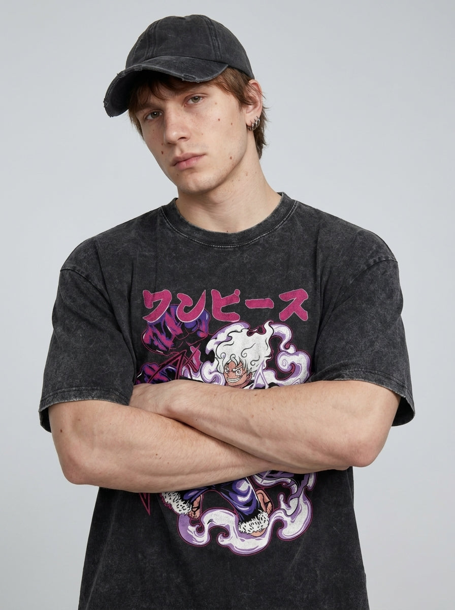 T-Shirt 4 on model arms crossed — washed black t-shirt | Tempus Arc premium anime streetwear