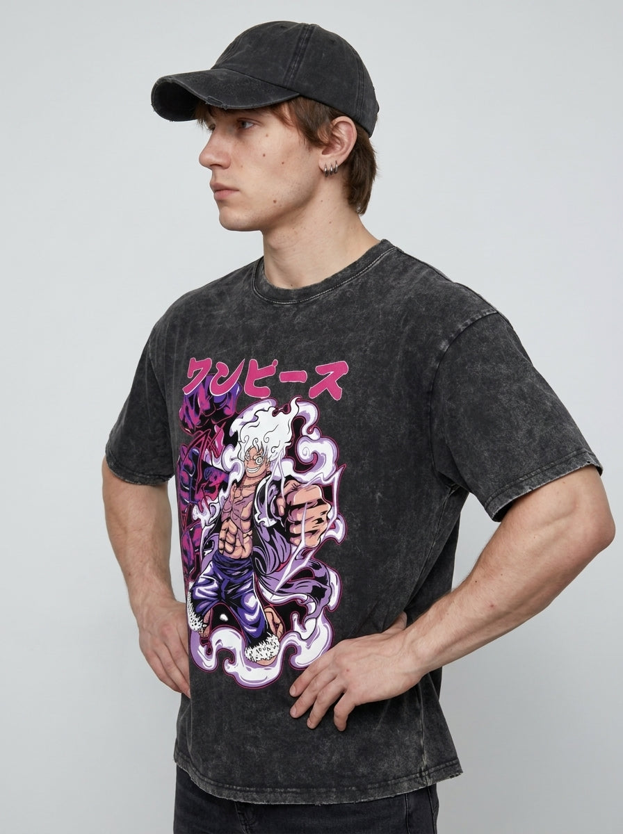 T-Shirt 4 model side profile athletic — washed cotton t-shirt | Tempus Arc premium anime streetwear