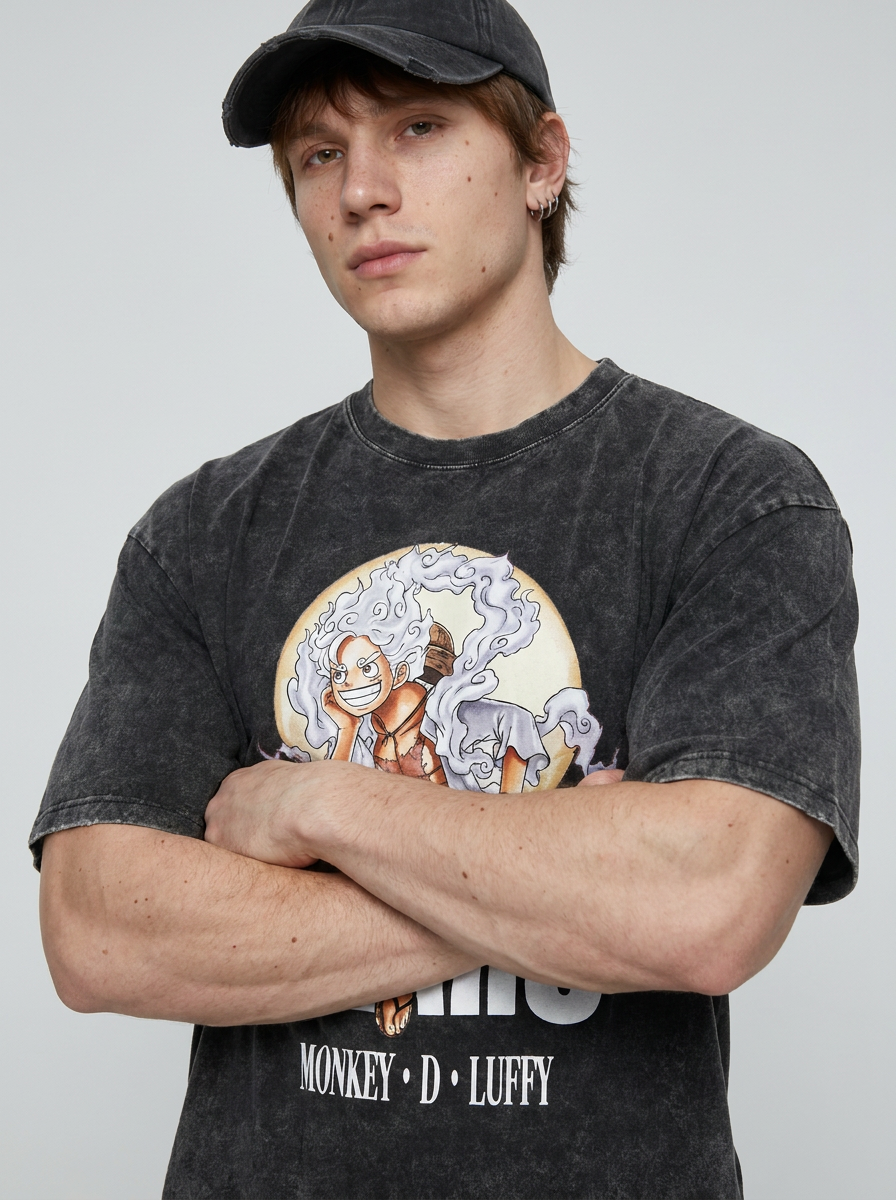 T-Shirt 4 on model arms crossed — washed black t-shirt | Tempus Arc premium anime streetwear