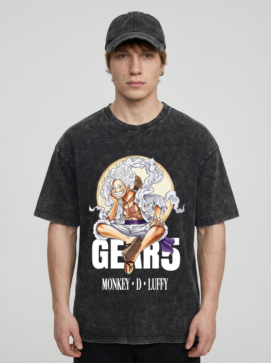T-Shirt 4 model frontal central — washed black t-shirt | Tempus Arc premium anime streetwear