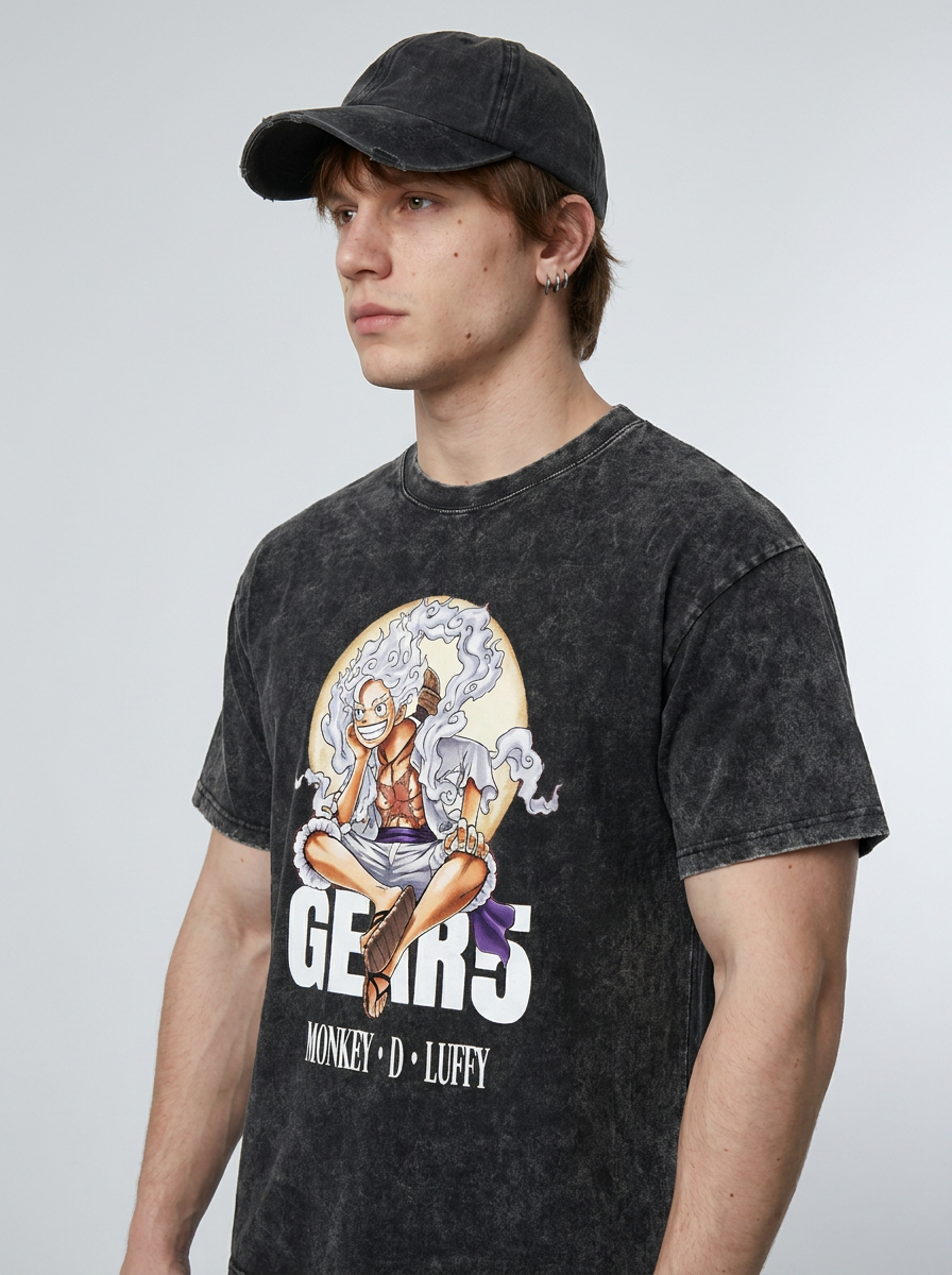 T-Shirt 4 model lateral 3/4 — oversized washed cotton t-shirt | Tempus Arc premium anime streetwear