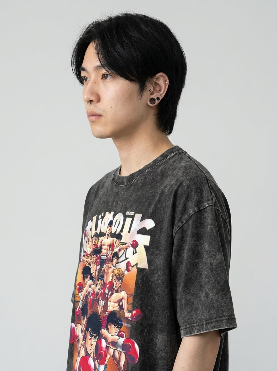 T-Shirt 4 model lateral 3/4 — oversized washed cotton t-shirt | Tempus Arc premium anime streetwear
