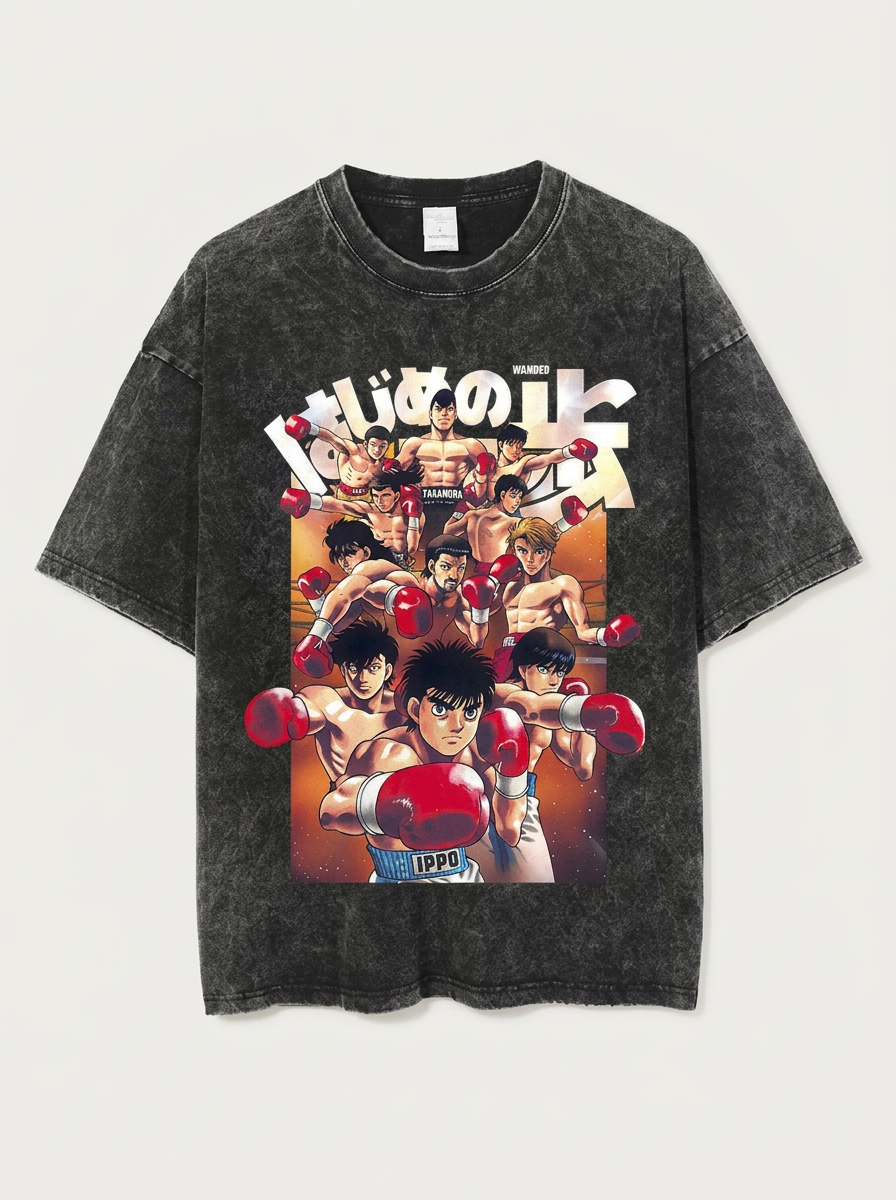 T-Shirt 4 flat lay front view — washed black oversized t-shirt | Tempus Arc premium anime streetwear