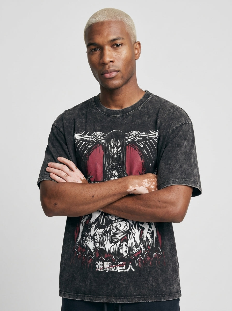 T-Shirt 4 on model arms crossed — washed black t-shirt | Tempus Arc premium anime streetwear