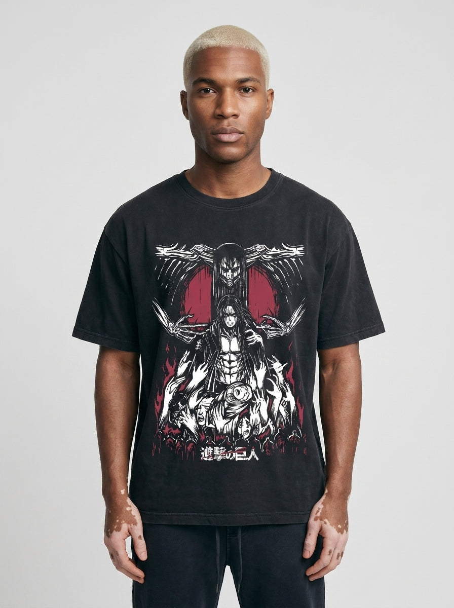 T-Shirt 4 model frontal central — washed black t-shirt | Tempus Arc premium anime streetwear
