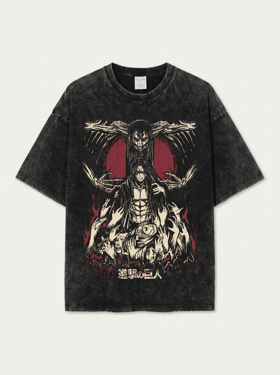 T-Shirt 4 flat lay front view — washed black oversized t-shirt | Tempus Arc premium anime streetwear