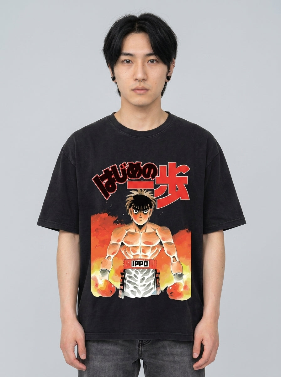 T-Shirt 4 model frontal central — washed black t-shirt | Tempus Arc premium anime streetwear