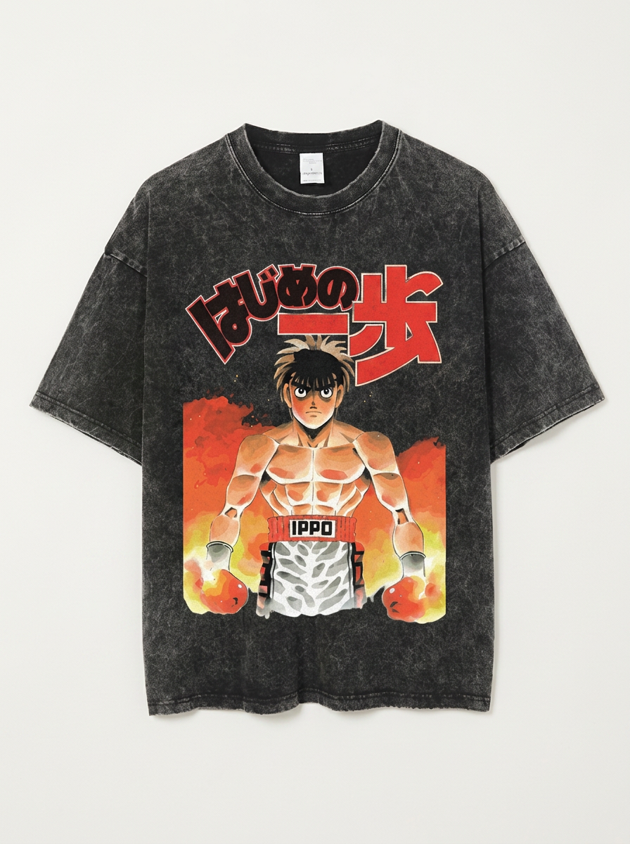 T-Shirt 4 flat lay front view — washed black oversized t-shirt | Tempus Arc premium anime streetwear
