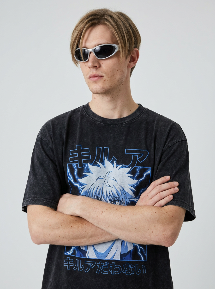 T-Shirt 4 on model arms crossed — washed black t-shirt | Tempus Arc premium anime streetwear