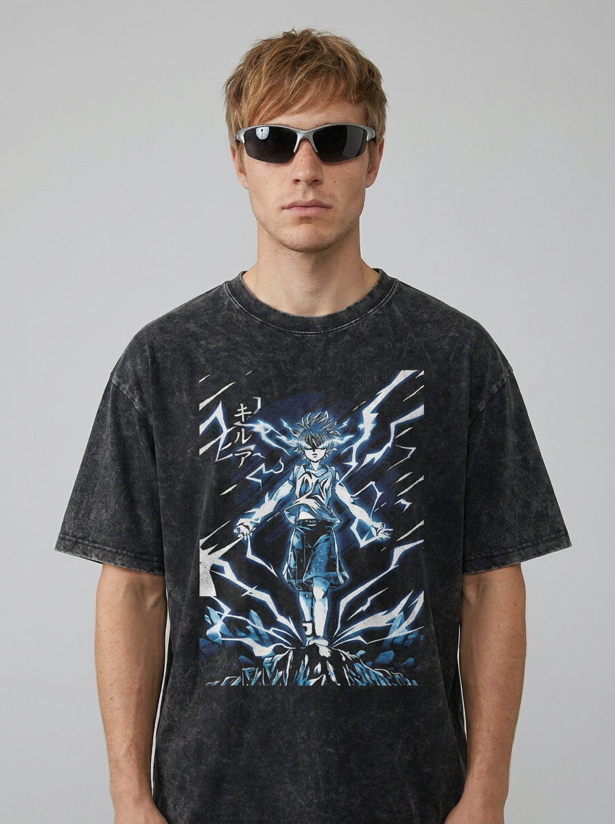 T-Shirt 4 model frontal central — washed black t-shirt | Tempus Arc premium anime streetwear