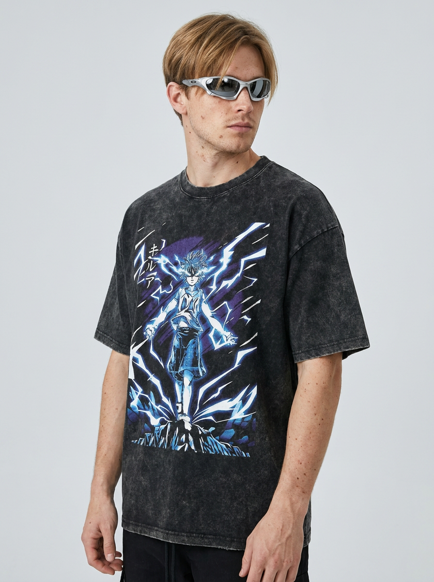 T-Shirt 4 model lateral 3/4 — oversized washed cotton t-shirt | Tempus Arc premium anime streetwear
