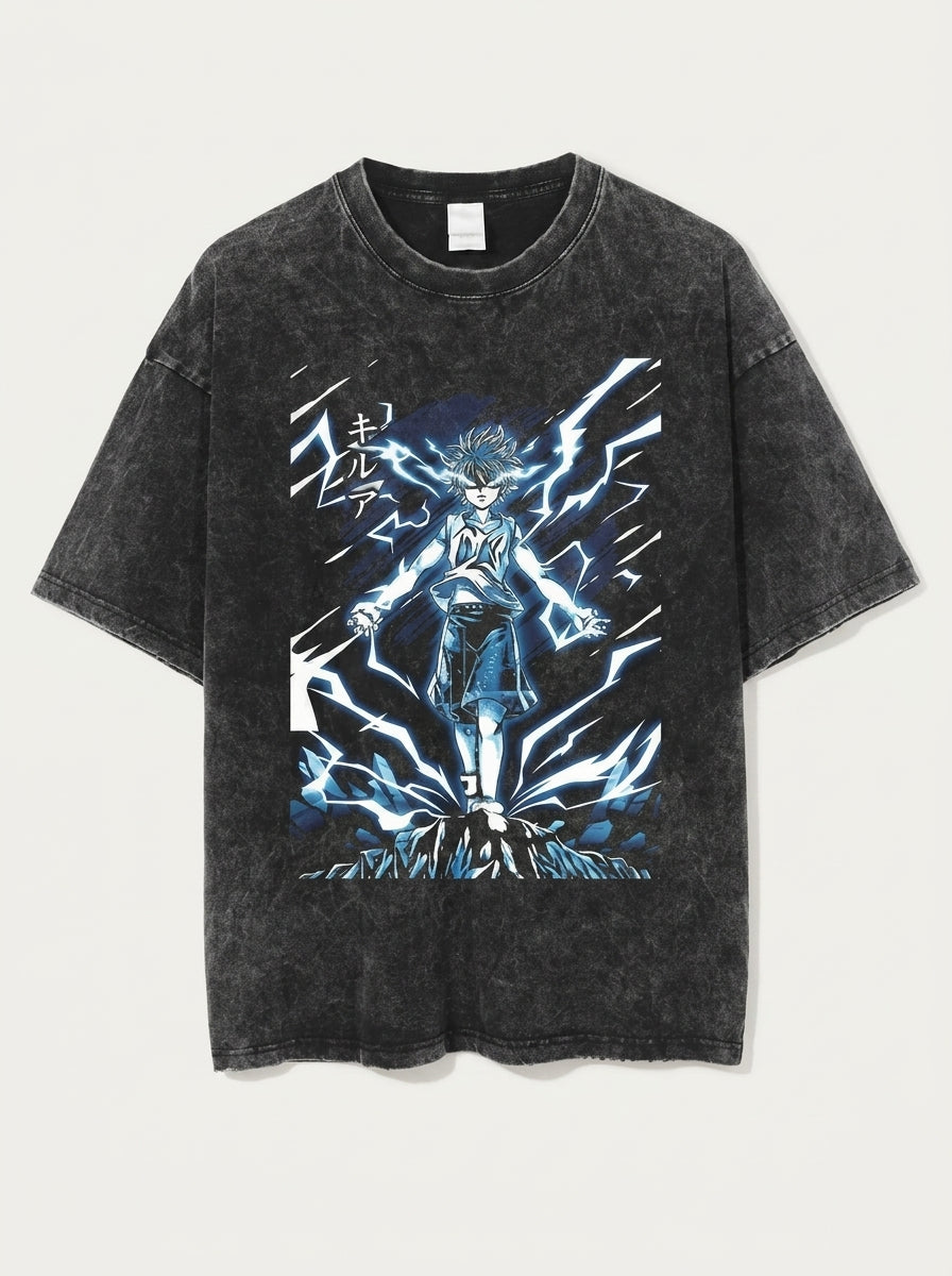 T-Shirt 4 flat lay front view — washed black oversized t-shirt | Tempus Arc premium anime streetwear