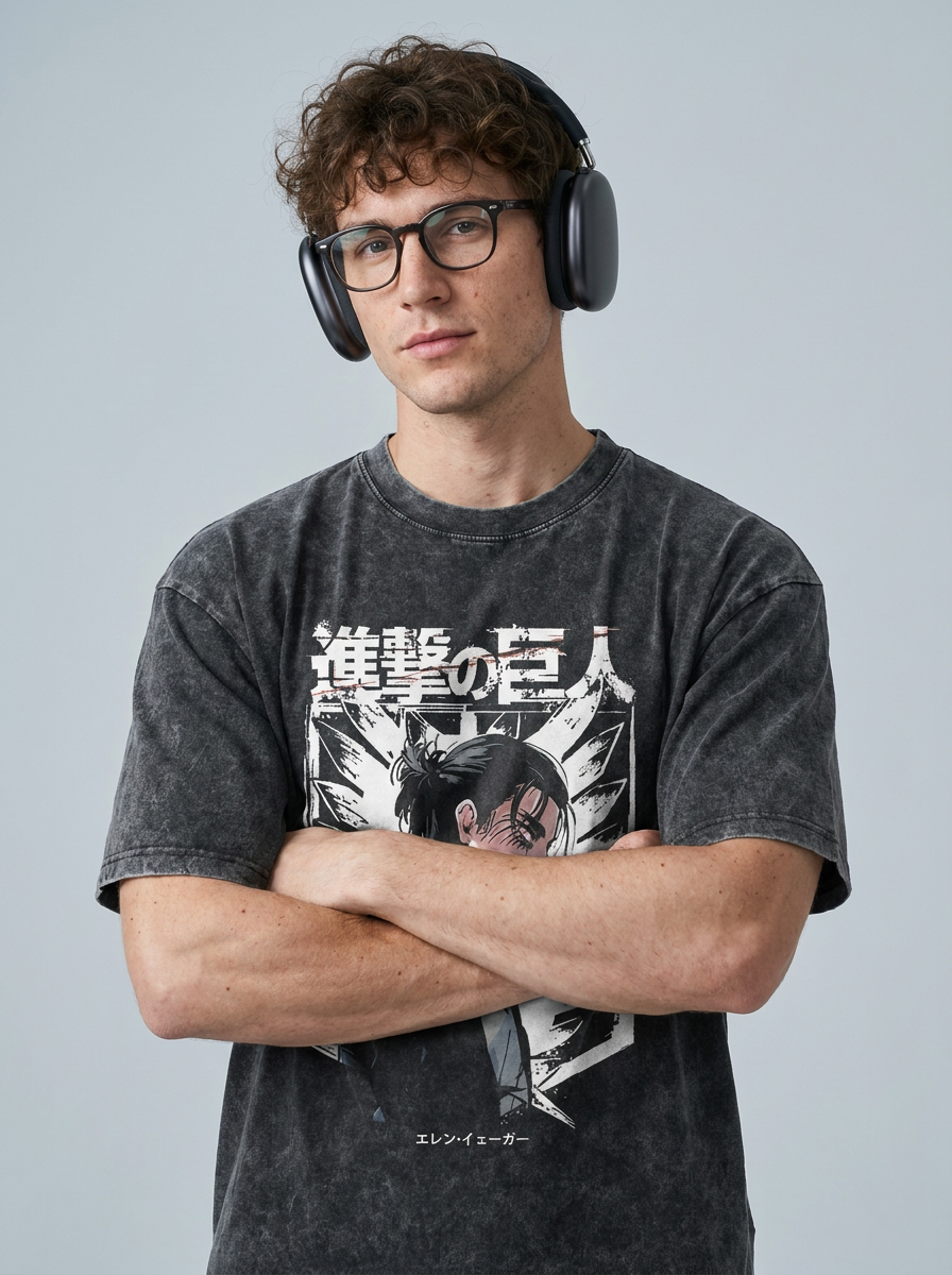 T-Shirt 4 on model arms crossed — washed black t-shirt | Tempus Arc premium anime streetwear