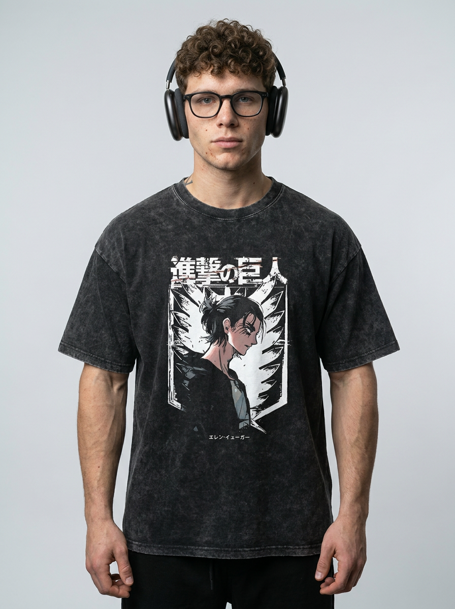 T-Shirt 4 model frontal central — washed black t-shirt | Tempus Arc premium anime streetwear