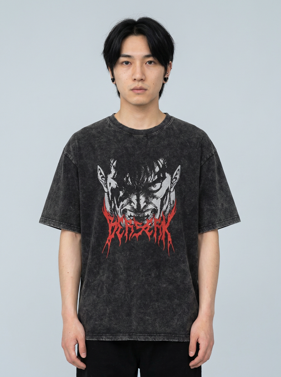 T-Shirt 4 model frontal central — washed black t-shirt | Tempus Arc premium anime streetwear