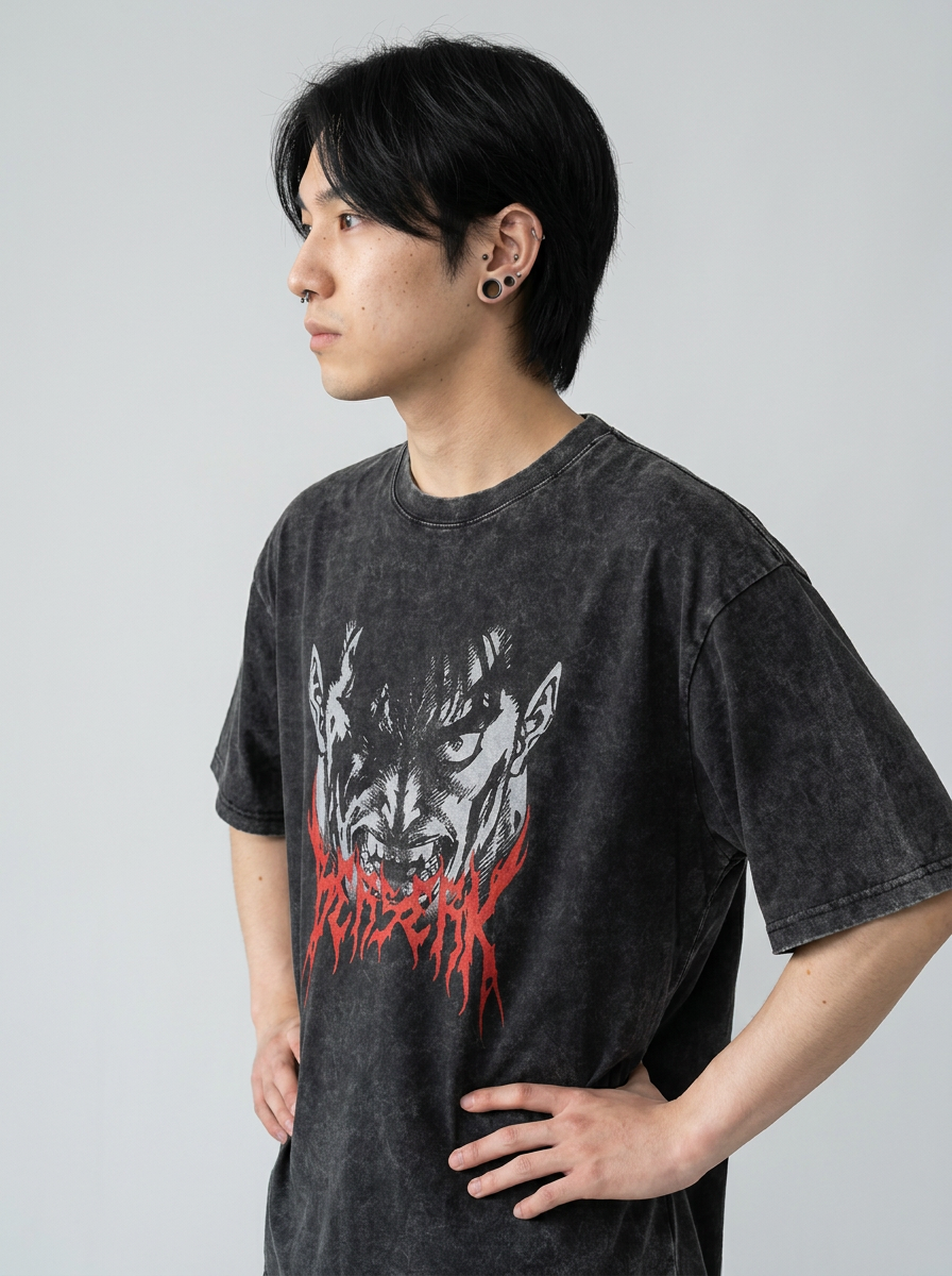 T-Shirt 4 model side profile athletic — washed cotton t-shirt | Tempus Arc premium anime streetwear