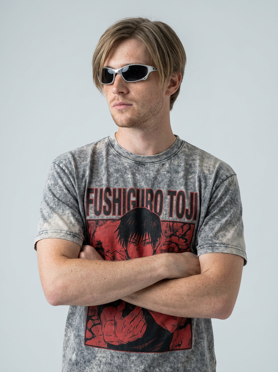 T-Shirt 4 on model arms crossed — washed black t-shirt | Tempus Arc premium anime streetwear