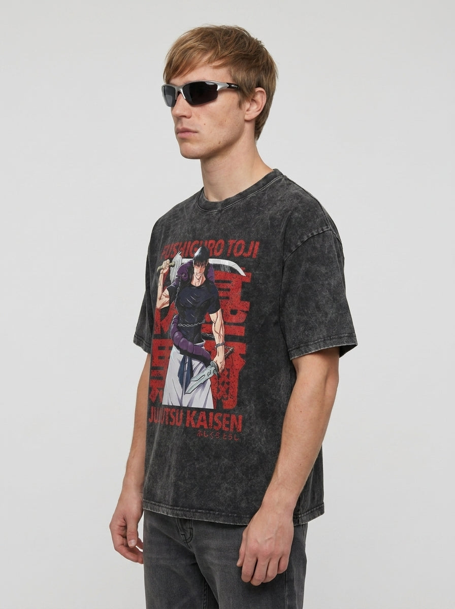 T-Shirt 4 model lateral 3/4 — oversized washed cotton t-shirt | Tempus Arc premium anime streetwear