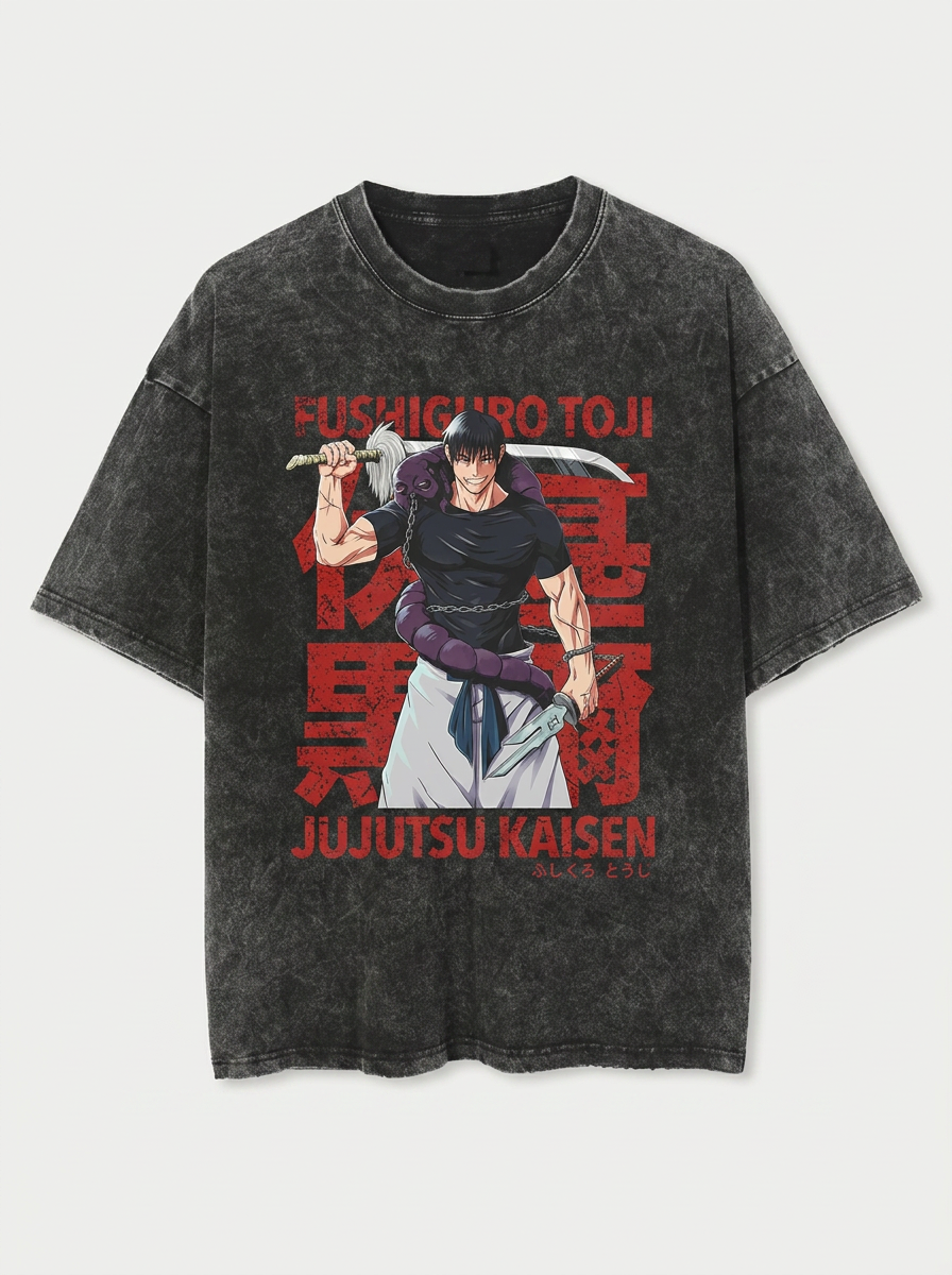T-Shirt 4 flat lay front view — washed black oversized t-shirt | Tempus Arc premium anime streetwear