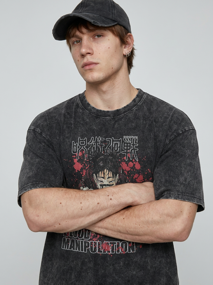 T-Shirt 4 on model arms crossed — washed black t-shirt | Tempus Arc premium anime streetwear