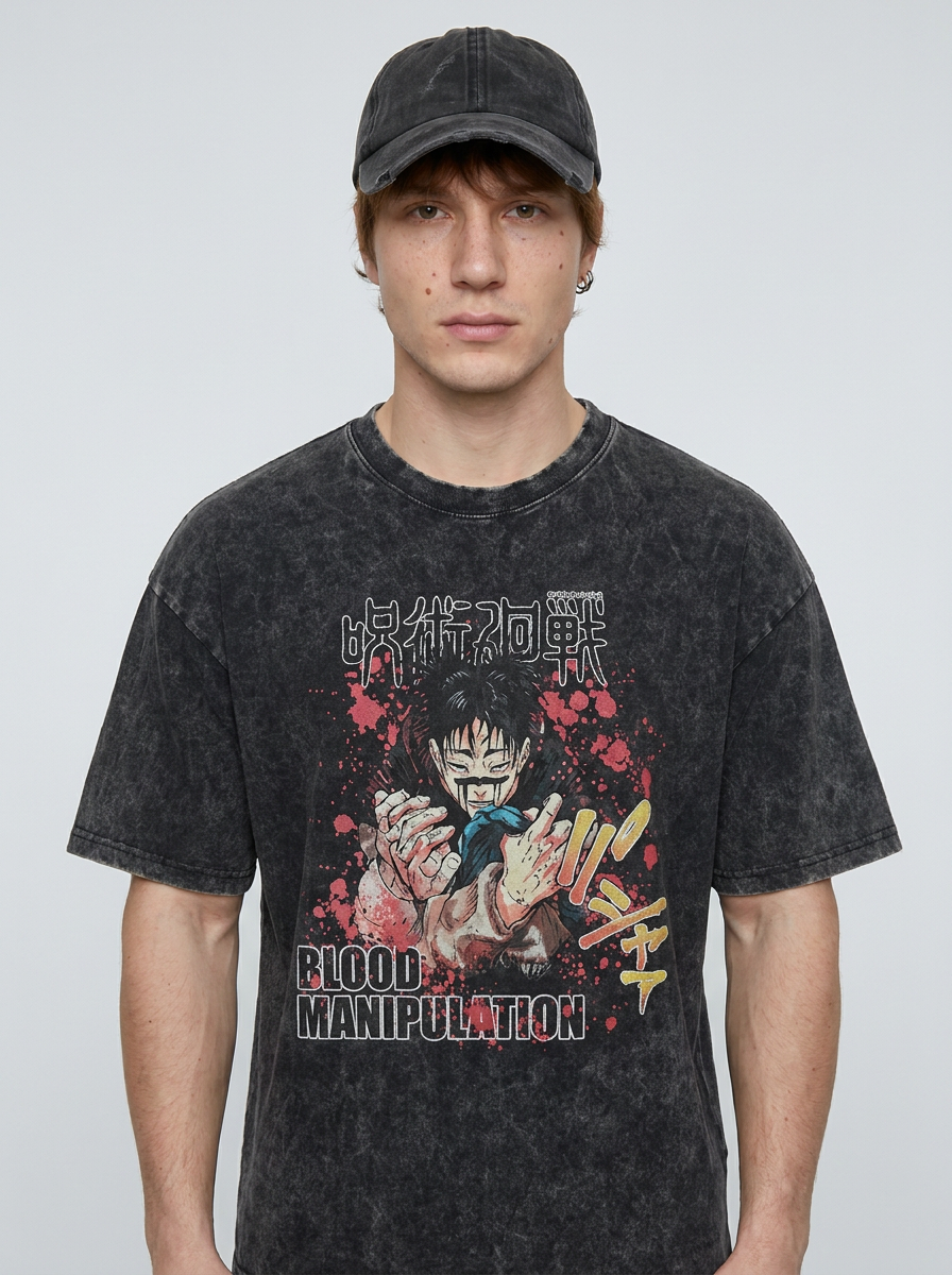 T-Shirt 4 model frontal central — washed black t-shirt | Tempus Arc premium anime streetwear