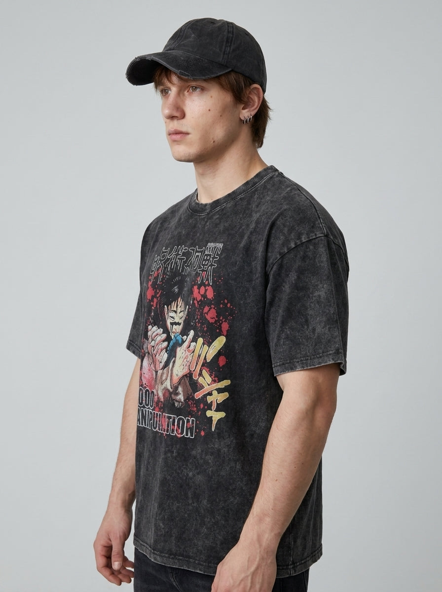 T-Shirt 4 model lateral 3/4 — oversized washed cotton t-shirt | Tempus Arc premium anime streetwear