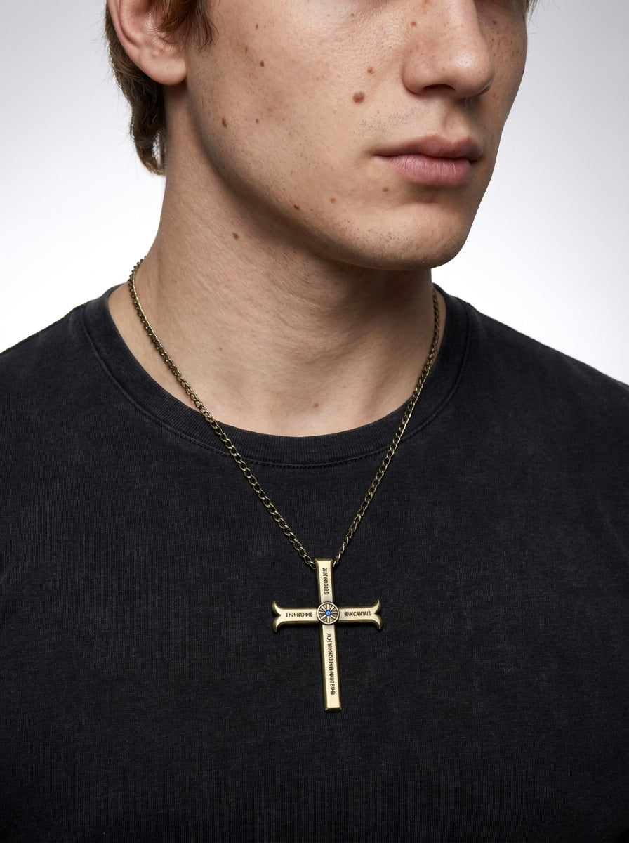 Anime Dracule Mihawk Necklace Cross Sword Pendant — on neck