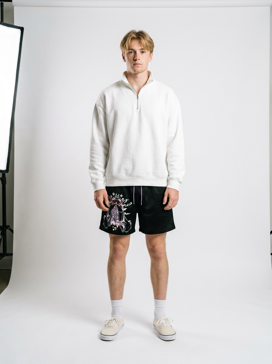 Men's Anime Print Beach Shorts - Elastic Waist, Casual Black — full view